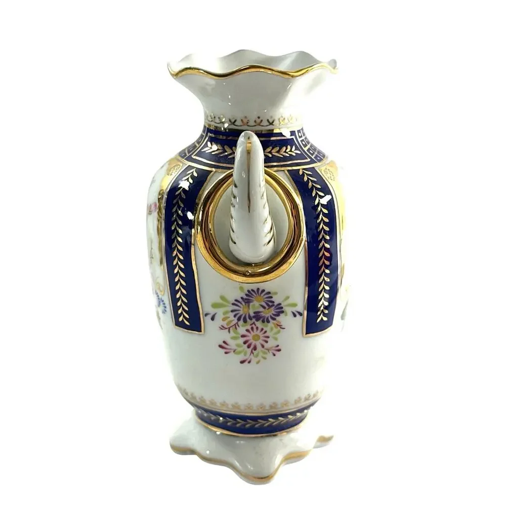 Angela 2003 Porcelain Vase Cobalt Blue Pink Floral Gold Gilt Double Handle 6”